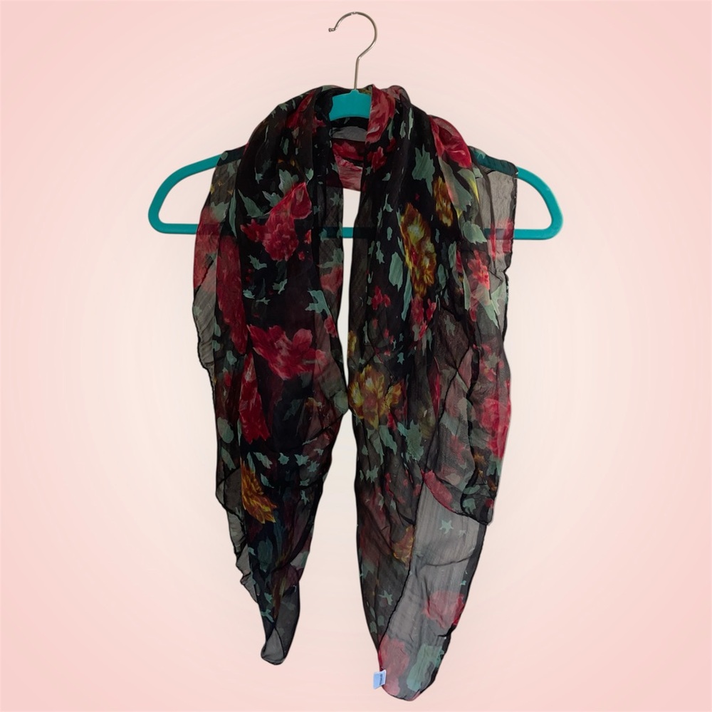 Handmade Red Black and Gold Dark Floral Sheer Scarf